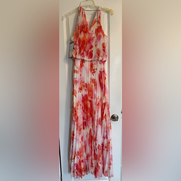 NEW Floral Printed White Maxi Cocktail Dress NWT Halter Pleated Gown Pink Orange - Picture 5 of 9